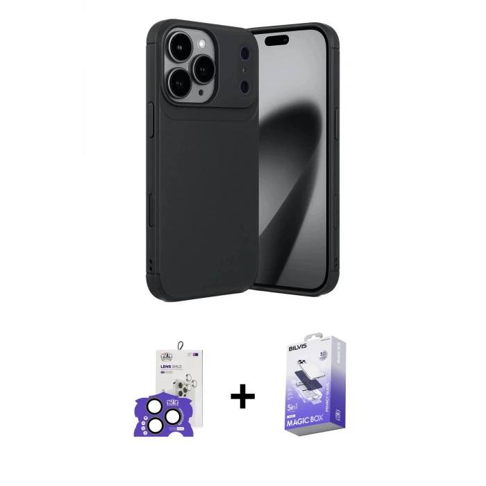 ieg™ iPhone 17 Pro Max Kılıf Eksen Form Prime - Siyah Bilvis 5in1 5D Magic Hayalet Cam Ekran Koruyucu + Bilvis Titan Kamera Lens - NLGY