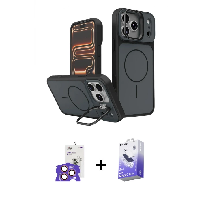 ieg™ iPhone 17 Pro Max Kılıf İz Modern Prime - Siyah Bilvis 5in1 5D Magic Hayalet Cam Ekran Koruyucu + Bilvis Titan Kamera Lens - TU