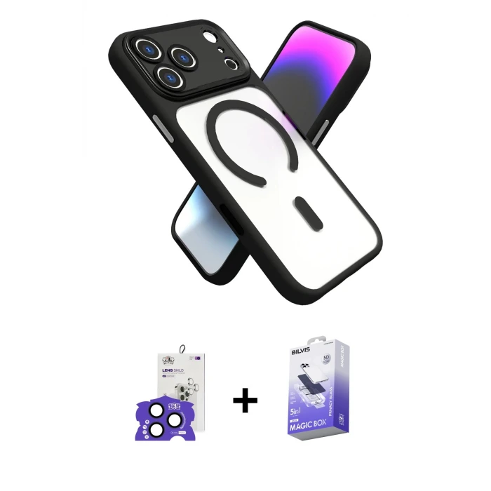 ieg™ iPhone 17 Pro Max Kılıf Nova Yansıma Serisi - Siyah Bilvis 5in1 5D Magic Hayalet Cam Ekran Koruyucu + Bilvis Titan Kamera Lens - LT