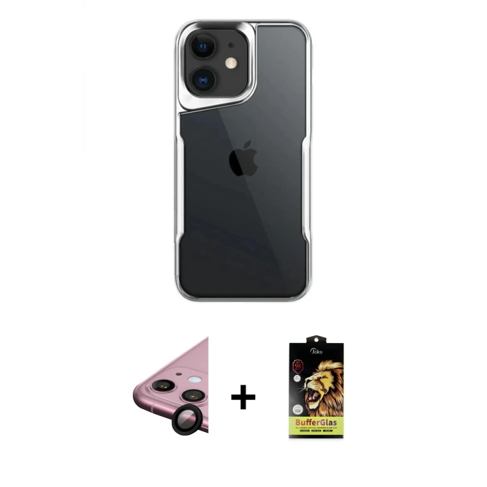 iPhone 11 Kılıf Akış Çizgi Koleksiyonu - Siyah Buffer Cam Ekran Koruyucu + Raze Metal Kamera Lens - SH
