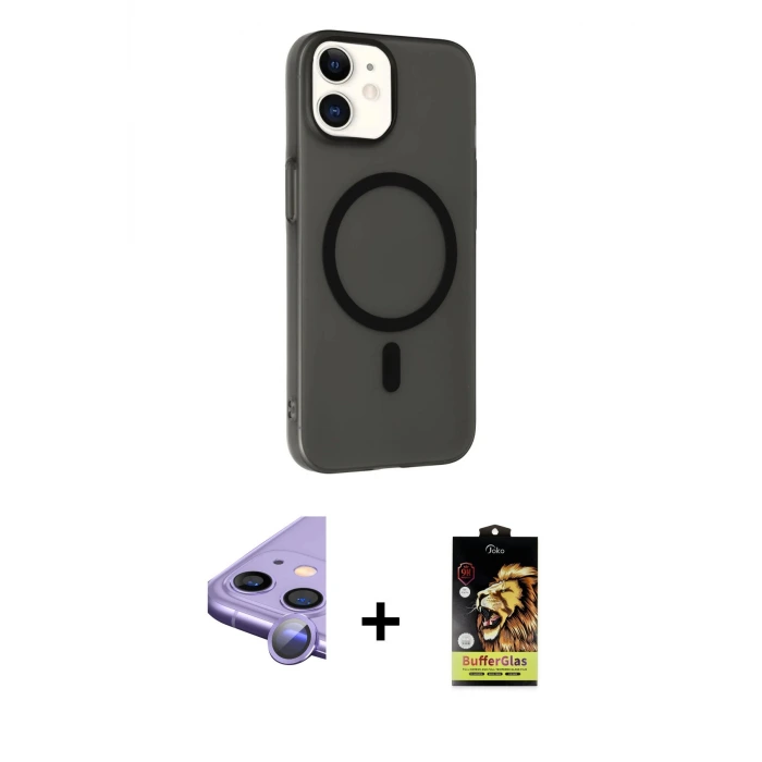 iPhone 11 Kılıf Çekirdek Modern Prime - Siyah Buffer Cam Ekran Koruyucu + Raze Metal Kamera Lens - MR