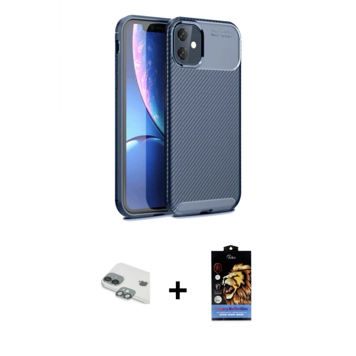 iPhone 11 Kılıf Eksen Form Prime - Siyah Buffer Hayalet Cam Ekran Koruyucu + Pers Alüminyum Kamera Lens - YL