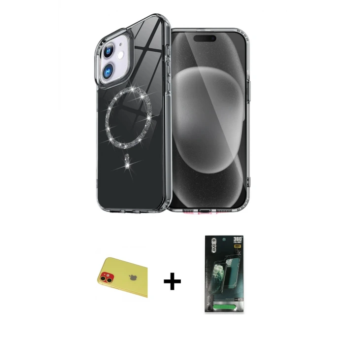 iPhone 11 Kılıf Kıvılcım Form Prime - Şeffaf 360 Full Body Arka Koruyucu + Rainbow Kamera Lens Koruma Cam - KI