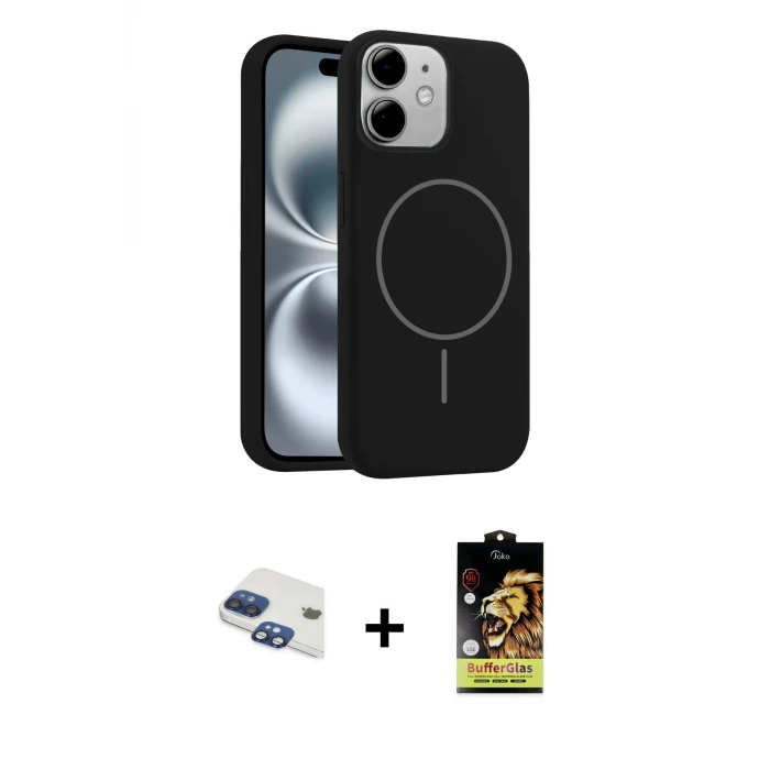 iPhone 11 Kılıf Yankı Form Serisi - Siyah Buffer Cam Ekran Koruyucu + Pers Alüminyum Kamera Lens - LT