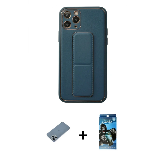 iPhone 11 Pro Kılıf Akış Doku - Siyah 34D Izgaralı Cam + Shine Kamera Lens Koruma Cam - SABE