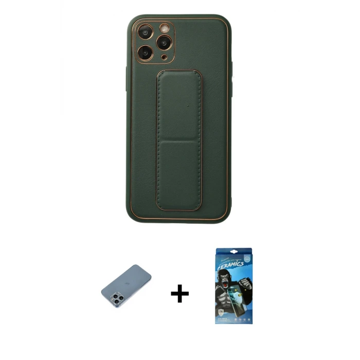 iPhone 11 Pro Kılıf Akış Doku - Siyah 34D Izgaralı Cam + Shine Kamera Lens Koruma Cam - SABE