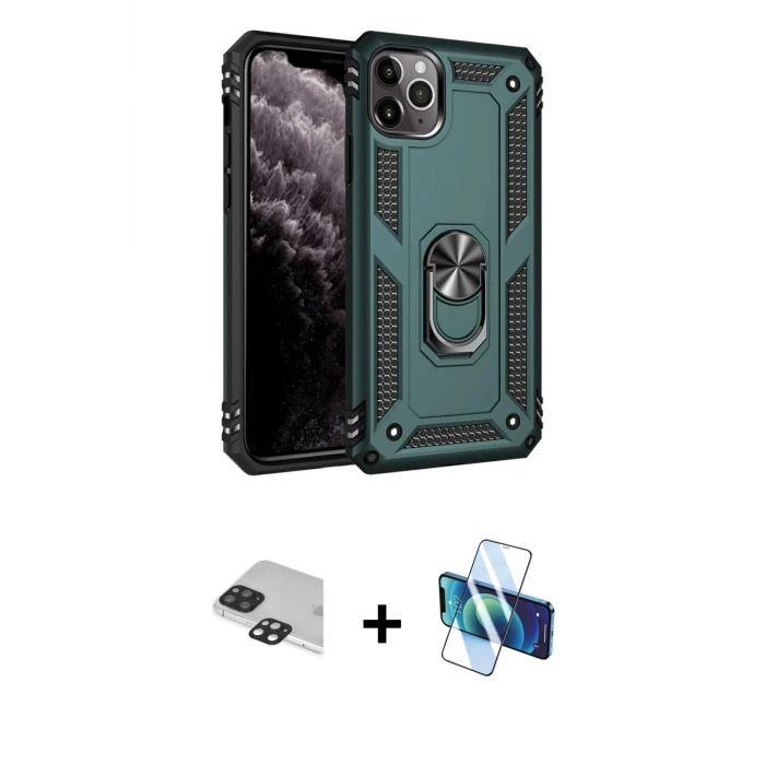 iPhone 11 Pro Max Kılıf Ahenk Klasik Koleksiyonu - Siyah 3D Antistatik Seramik Nano Ekran Koruyucu + Pers Alüminyum Kamera Lens - SH
