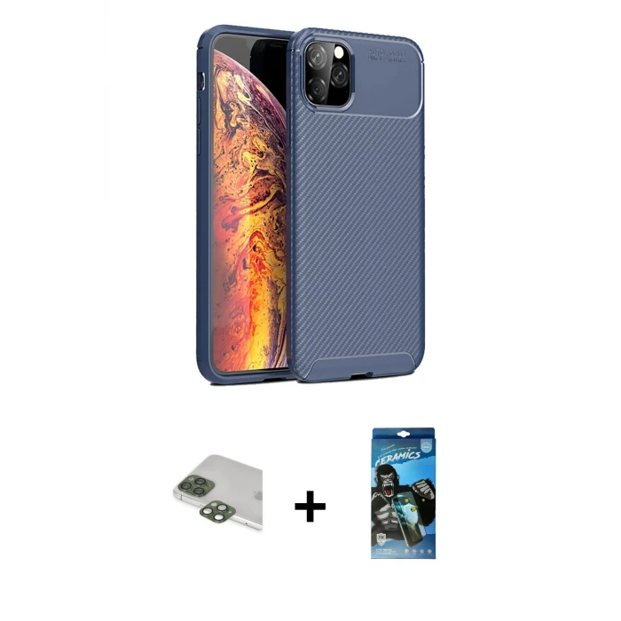 iPhone 11 Pro Max Kılıf Eksen Form Prime - Siyah 34D Izgaralı Cam + Pers Alüminyum Kamera Lens - YL