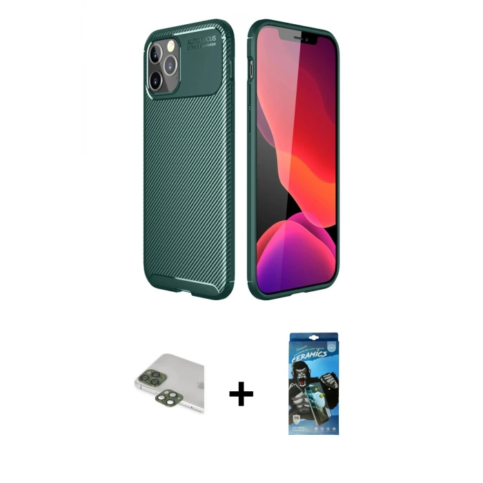 iPhone 11 Pro Max Kılıf Eksen Form Prime - Siyah 34D Izgaralı Cam + Pers Alüminyum Kamera Lens - YL