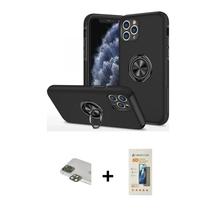 iPhone 11 Pro Max Kılıf Odak Form Prime - Siyah 6D Mat Seramik Hayalet Nano Ekran Koruyucu + Pers Alüminyum Kamera Lens - YL