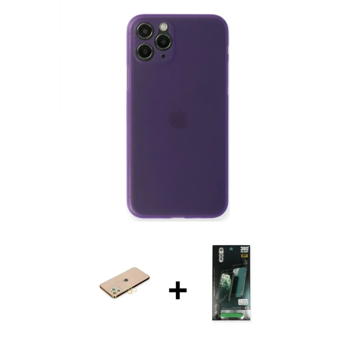 iPhone 11 Pro Max Kılıf Yadigar Yansıma Serisi - Siyah 360 Mat Full Body Arka Koruyucu + Renkli Kamera Lens Koruma Cam - SI