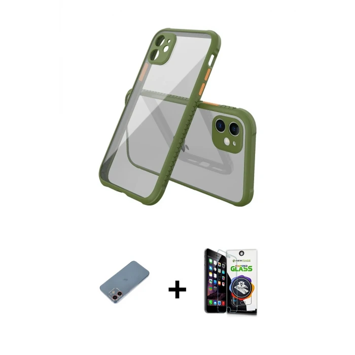 iPhone 12 Mini Kılıf Nova Asil Özel Seri - Şeffaf Temperli Cam Ekran Koruyucu + Shine Kamera Lens Koruma Cam - PE