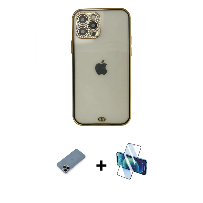 iPhone 12 Pro Max Kılıf Eksen Minimal Koleksiyonu - Siyah 3D Antistatik Seramik Nano Ekran Koruyucu + Shine Kamera Lens Koruma Cam - SH