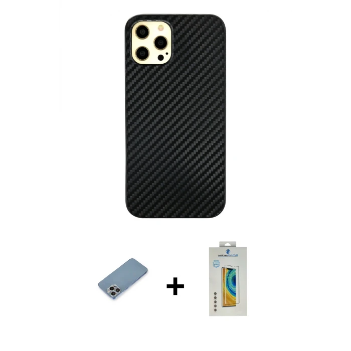 iPhone 12 Pro Max Kılıf Nova Çizgi - Siyah Polymer Nano Ekran Koruyucu + Shine Kamera Lens Koruma Cam - GI
