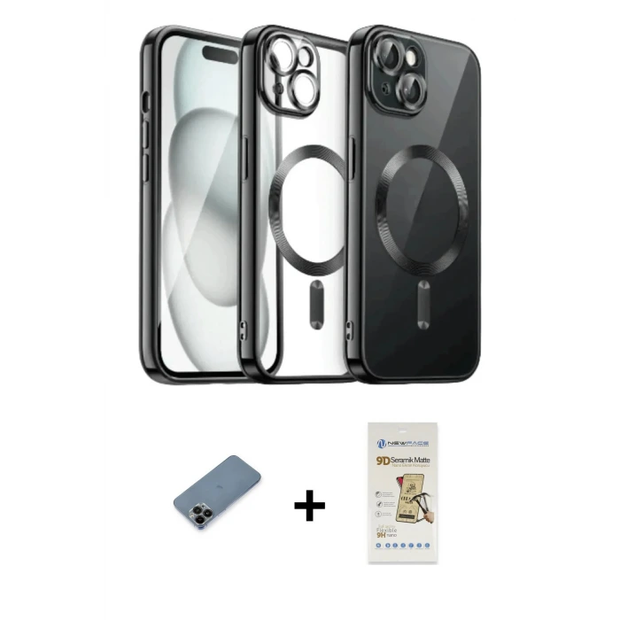 iPhone 12 Pro Max Kılıf Nova Işık Özel Seri - Siyah Mat Seramik Nano Ekran Koruyucu + Shine Kamera Lens Koruma Cam - SH