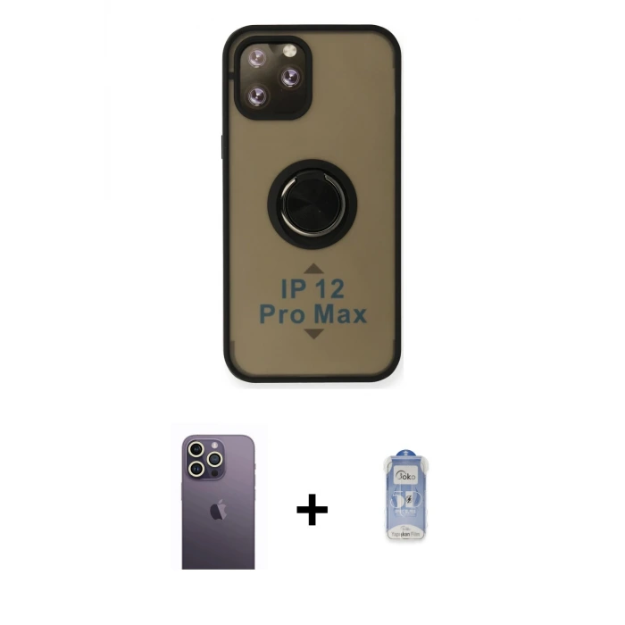 iPhone 12 Pro Max Kılıf Yörünge Çizgi - Siyah Joko Magic 5D Cam + Neon Fosforlu Kamera Lens - BZ
