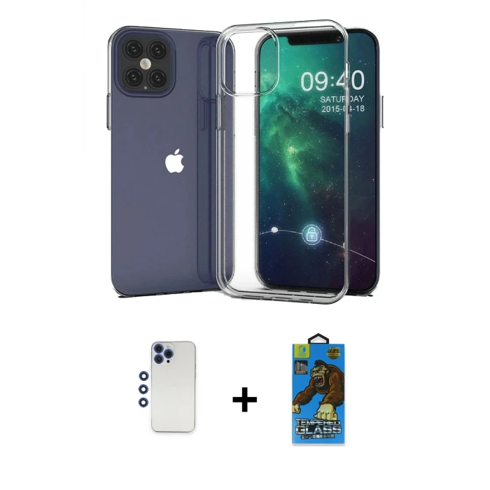 iPhone 12 Pro Max Kılıf Zirve Doku - Siyah 18D Cam Ekran Koruyucu + Shine Kamera Lens - LT