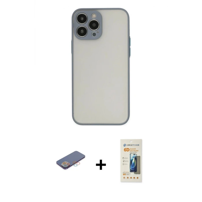 iPhone 13 Pro Max Kılıf Ahenk Çizgi Serisi - Siyah 6D Mat Seramik Hayalet Nano Ekran Koruyucu + Renkli Kamera Lens Koruma Cam - PE
