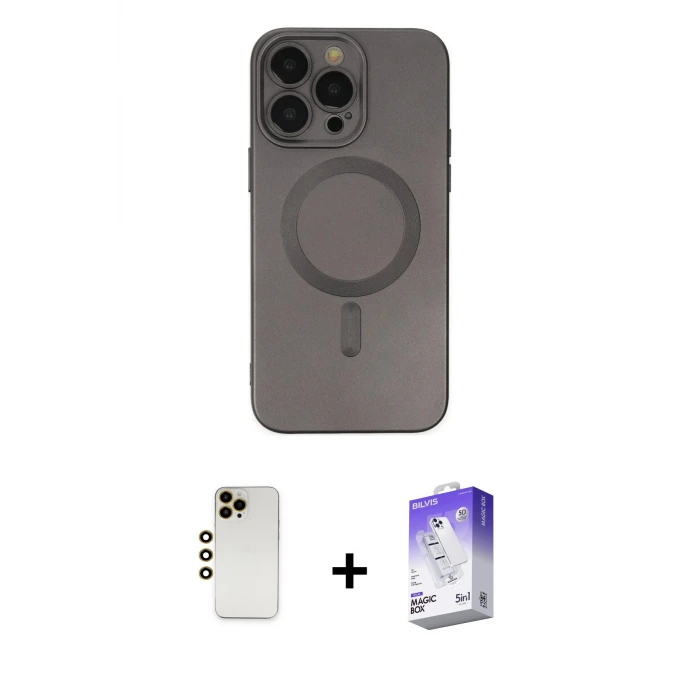 iPhone 13 Pro Max Kılıf Akış Minimal Özel Seri - Siyah Bilvis 5in1 3D Magic Cam Ekran Koruyucu + Shine Kamera Lens - GD