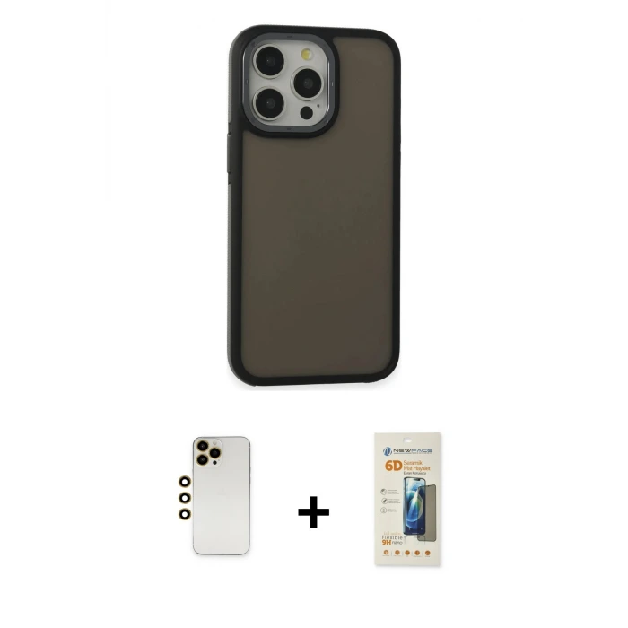 iPhone 13 Pro Max Kılıf Eksen Işık - Siyah 6D Mat Seramik Hayalet Nano Ekran Koruyucu + Shine Kamera Lens - GD