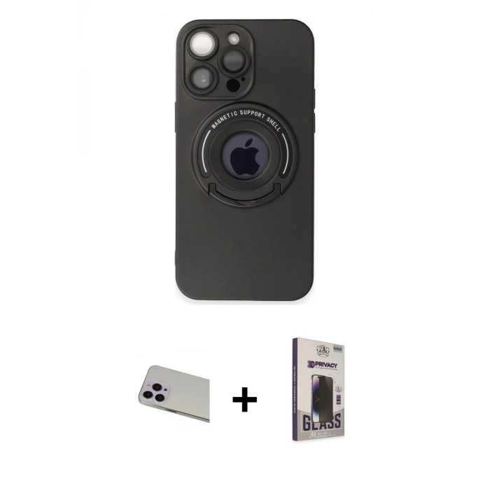 iPhone 13 Pro Max Kılıf Eksen Klasik Prime - Siyah Bilvis Hayalet Cam Ekran Koruyucu + Rainbow Kamera Lens Koruma Cam - MR