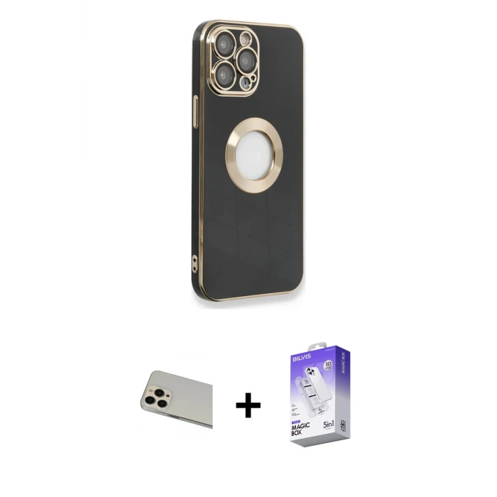 iPhone 13 Pro Max Kılıf İz Form Serisi - Siyah Bilvis 5in1 3D Magic Cam Ekran Koruyucu + Rainbow Kamera Lens Koruma Cam - REGD