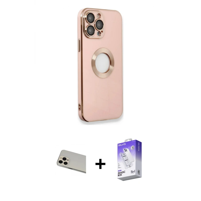 iPhone 13 Pro Max Kılıf İz Form Serisi - Siyah Bilvis 5in1 3D Magic Cam Ekran Koruyucu + Rainbow Kamera Lens Koruma Cam - REGD