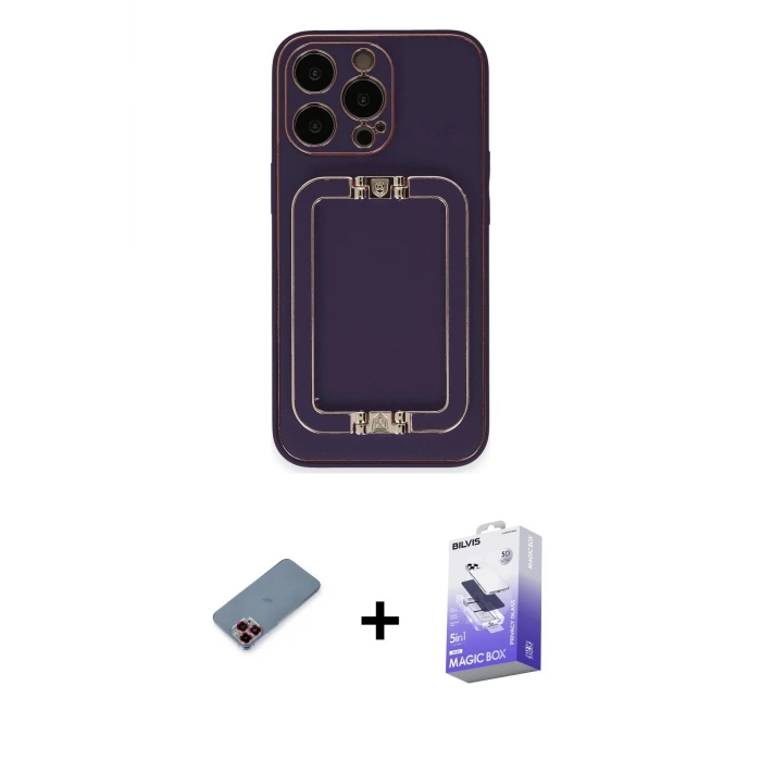 iPhone 13 Pro Max Kılıf Kozmos Minimal Prime - Siyah Bilvis 5in1 5D Magic Hayalet Cam Ekran Koruyucu + Metal Kamera Lens Koruma Cam - KI