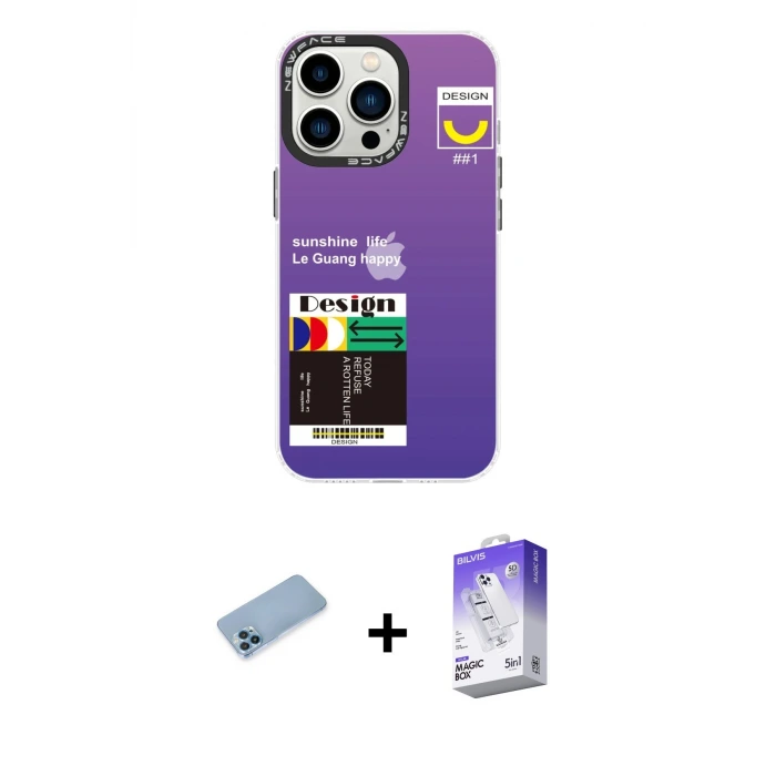 iPhone 13 Pro Max Kılıf Siluet Çizgi Koleksiyonu - Siyah Bilvis 5in1 3D Magic Cam Ekran Koruyucu + Shine Kamera Lens Koruma Cam - MI