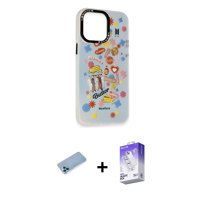 iPhone 13 Pro Max Kılıf Siluet Çizgi Koleksiyonu - Siyah Bilvis 5in1 3D Magic Cam Ekran Koruyucu + Shine Kamera Lens Koruma Cam - MI