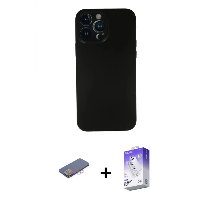 iPhone 13 Pro Max Kılıf Yadigar Yansıma Serisi - Siyah Bilvis 5in1 3D Magic Cam Ekran Koruyucu + Renkli Kamera Lens Koruma Cam - PE