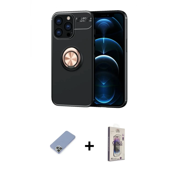 iPhone 13 Pro Max Kılıf Yankı Form Prime - Siyah Bilvis 3D Cam Ekran Koruyucu + Metal Kamera Lens Koruma Cam - KUYL
