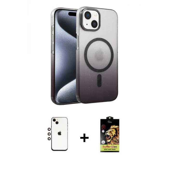 iPhone 14 Kılıf Ahenk Doku Özel Seri - Siyah Buffer Cam Ekran Koruyucu + Shine Kamera Lens - GI