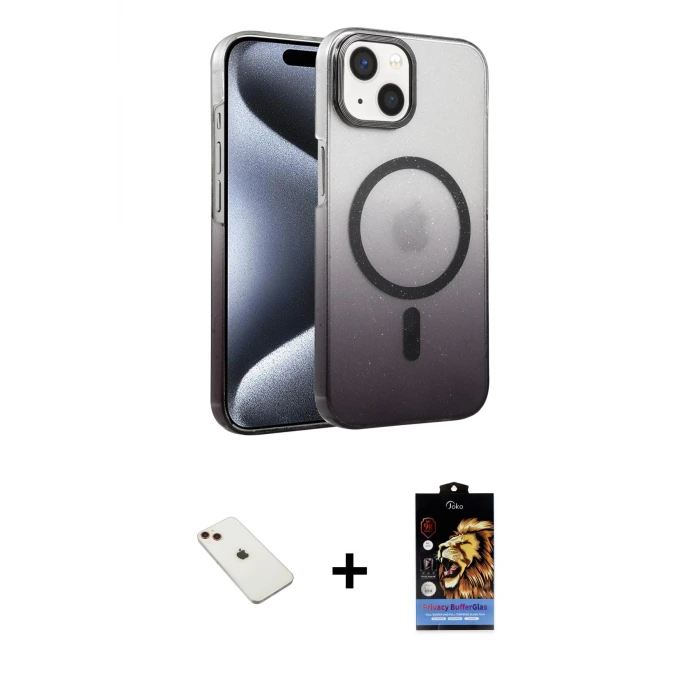 iPhone 14 Kılıf Ahenk Doku Özel Seri - Siyah Buffer Hayalet Cam Ekran Koruyucu + Diamond Kamera Lens - KI