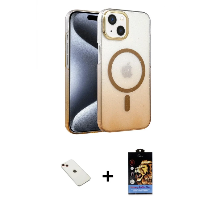 iPhone 14 Kılıf Ahenk Doku Özel Seri - Siyah Buffer Hayalet Cam Ekran Koruyucu + Diamond Kamera Lens - KI