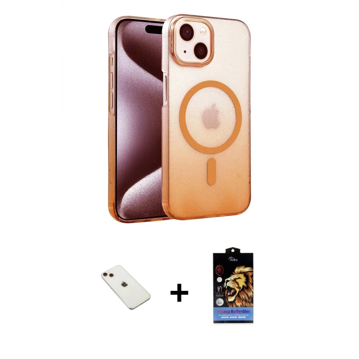 iPhone 14 Kılıf Ahenk Doku Özel Seri - Siyah Buffer Hayalet Cam Ekran Koruyucu + Diamond Kamera Lens - KI