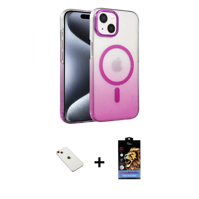 iPhone 14 Kılıf Ahenk Doku Özel Seri - Siyah Buffer Hayalet Cam Ekran Koruyucu + Diamond Kamera Lens - KI