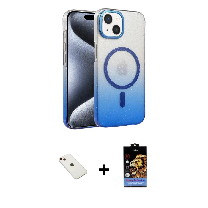 iPhone 14 Kılıf Ahenk Doku Özel Seri - Siyah Buffer Hayalet Cam Ekran Koruyucu + Diamond Kamera Lens - KI