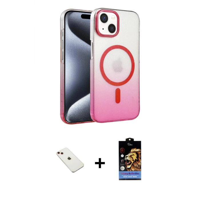 iPhone 14 Kılıf Ahenk Doku Özel Seri - Siyah Buffer Hayalet Cam Ekran Koruyucu + Diamond Kamera Lens - KI