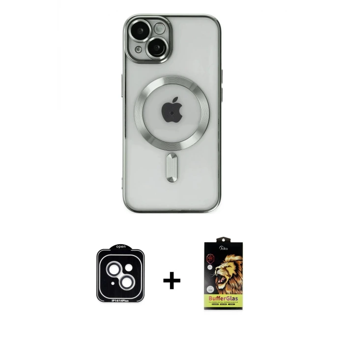 iPhone 14 Kılıf Nova Işık Özel Seri - Siyah Buffer Cam Ekran Koruyucu + PVD Metal Kamera Lens - GS