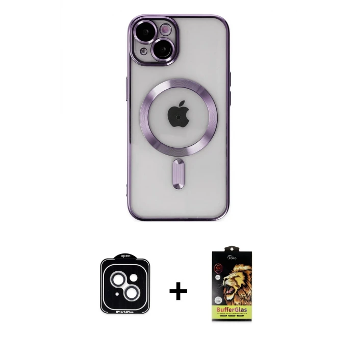 iPhone 14 Kılıf Nova Işık Özel Seri - Siyah Buffer Cam Ekran Koruyucu + PVD Metal Kamera Lens - GS