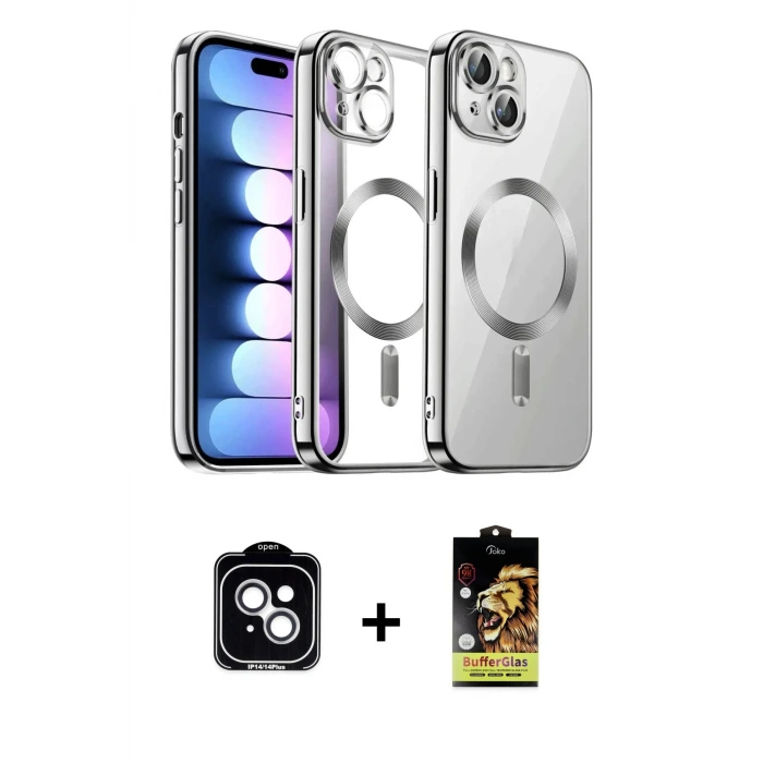 iPhone 14 Kılıf Nova Işık Özel Seri - Siyah Buffer Cam Ekran Koruyucu + PVD Metal Kamera Lens - GS