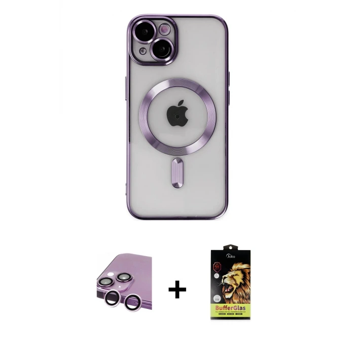 iPhone 14 Kılıf Nova Işık Özel Seri - Siyah Buffer Cam Ekran Koruyucu + Raze Metal Kamera Lens - MR