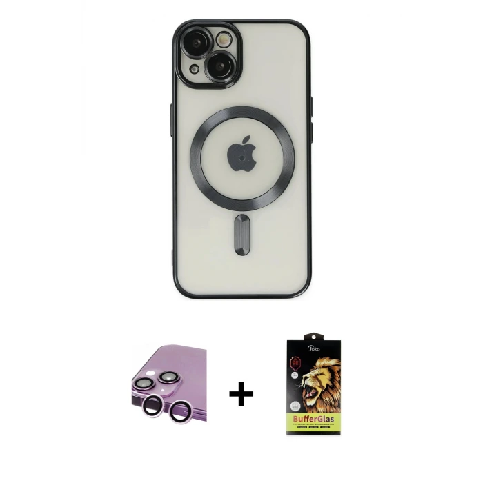 iPhone 14 Kılıf Nova Işık Özel Seri - Siyah Buffer Cam Ekran Koruyucu + Raze Metal Kamera Lens - MR