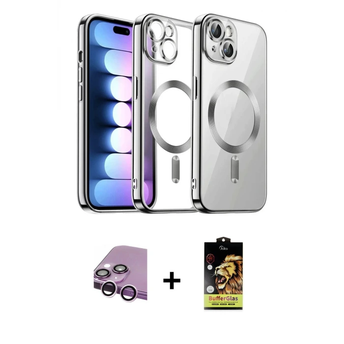 iPhone 14 Kılıf Nova Işık Özel Seri - Siyah Buffer Cam Ekran Koruyucu + Raze Metal Kamera Lens - MR
