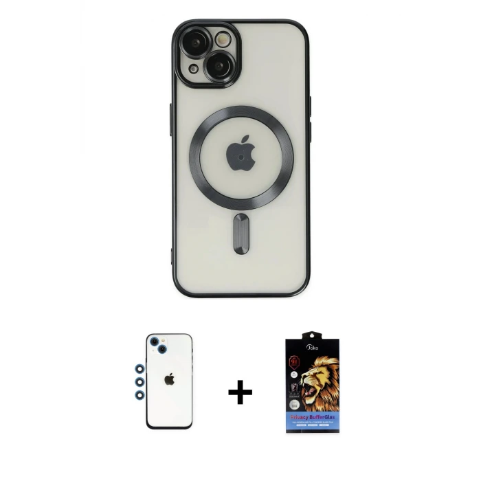 iPhone 14 Kılıf Nova Işık Özel Seri - Siyah Buffer Hayalet Cam Ekran Koruyucu + Shine Kamera Lens - MI