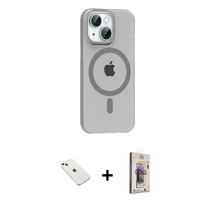 iPhone 14 Kılıf Pusula Form Özel Seri - Siyah Bilvis 3D Cam Ekran Koruyucu + Diamond Kamera Lens - SABE