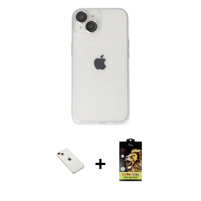 iPhone 14 Kılıf Ufuk Minimal Özel Seri - Siyah Buffer Cam Ekran Koruyucu + Diamond Kamera Lens - KI