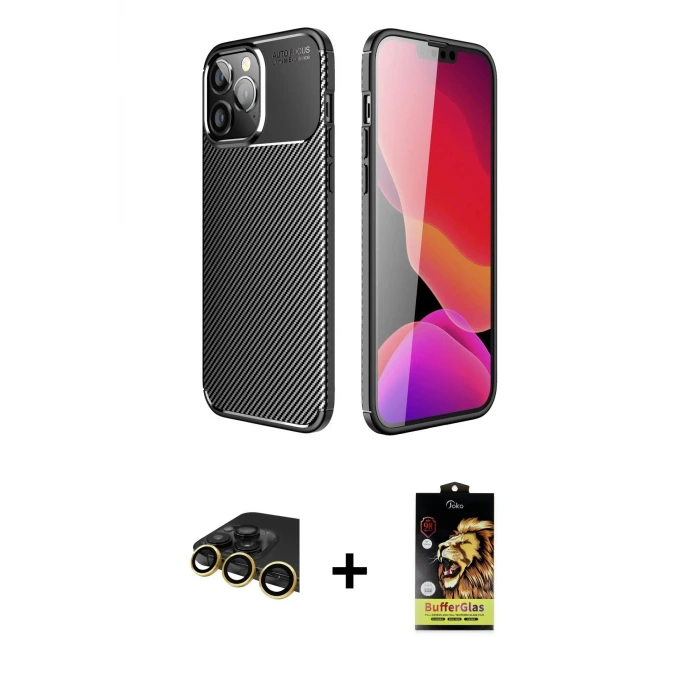iPhone 14 Pro Kılıf Eksen Form Prime - Siyah Buffer Cam Ekran Koruyucu + Raze Metal Kamera Lens - GD