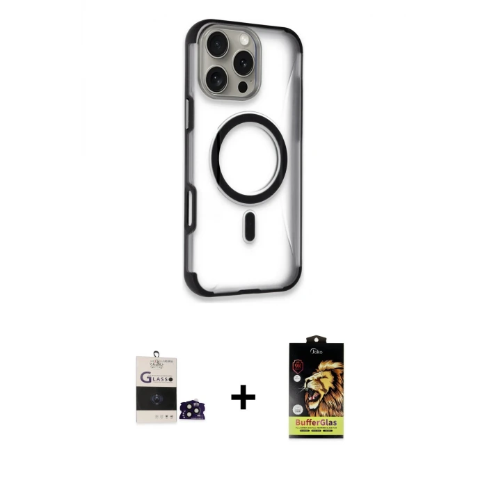 iPhone 14 Pro Max Kılıf Eksen Klasik Koleksiyonu - Siyah Buffer Cam Ekran Koruyucu + Bilvis Titan Kamera Lens - SH